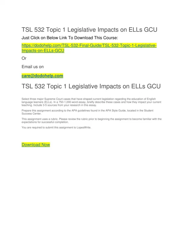 TSL 532 Topic 1 Legislative Impacts on ELLs GCU