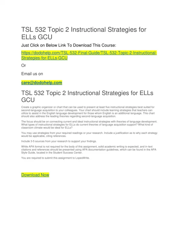 TSL 532 Topic 2 Instructional Strategies for ELLs GCU