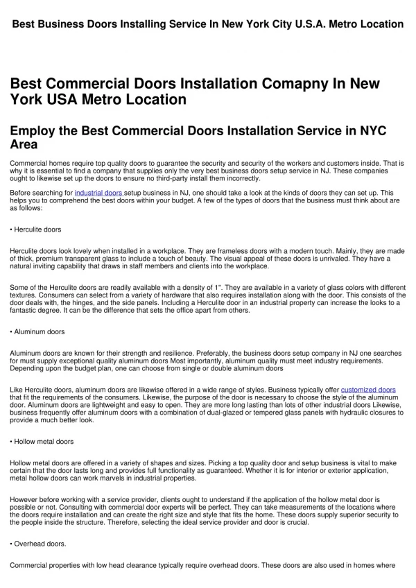 Best Commercial Doors Installing Comapny In New York City USA Metro Area