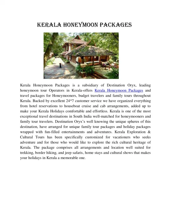 kerala honeymoon packages