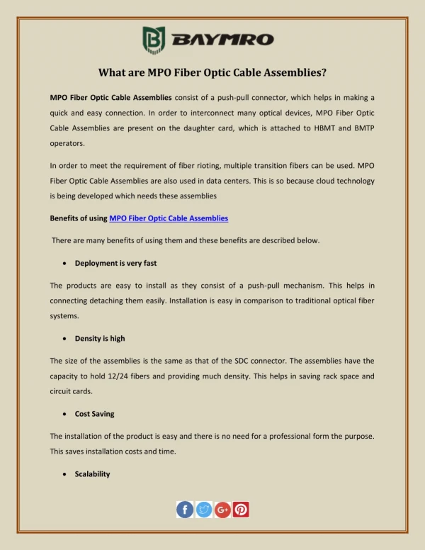 What are MPO Fiber Optic Cable Assemblies?