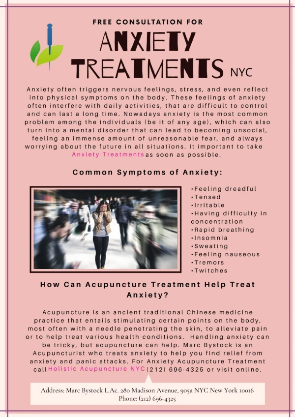 Free Consultation for Anxiety Treatments, NYC.