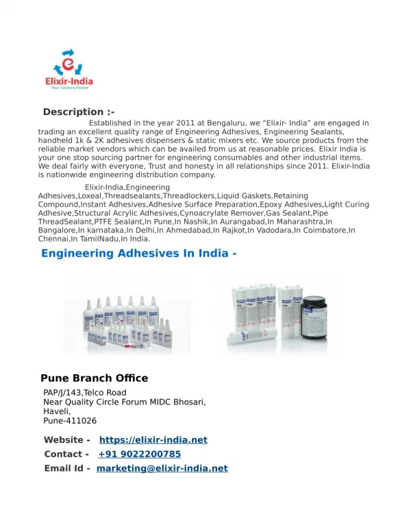 Elixir-India|Engineering Adhesives|Cyanoacrylate Remover|Gas Sealant|Pipe ThreadSealant| PTFE Sealant