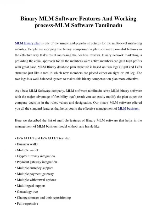 binary mlm software features and working process