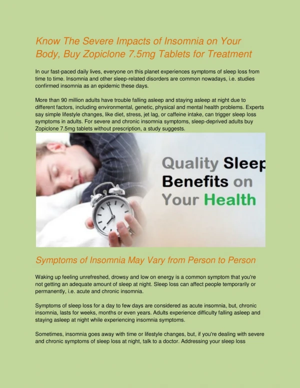 Know The Severe Impacts of Insomnia on Your Body, Buy Zopiclone 7.5mg Tablets for Treatment