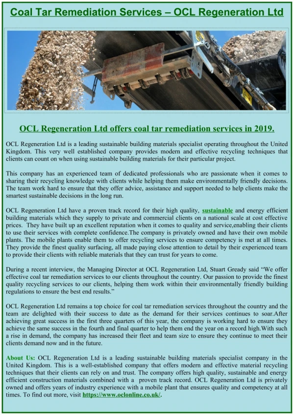 Coal Tar Remediation Services – OCL Regeneration Ltd