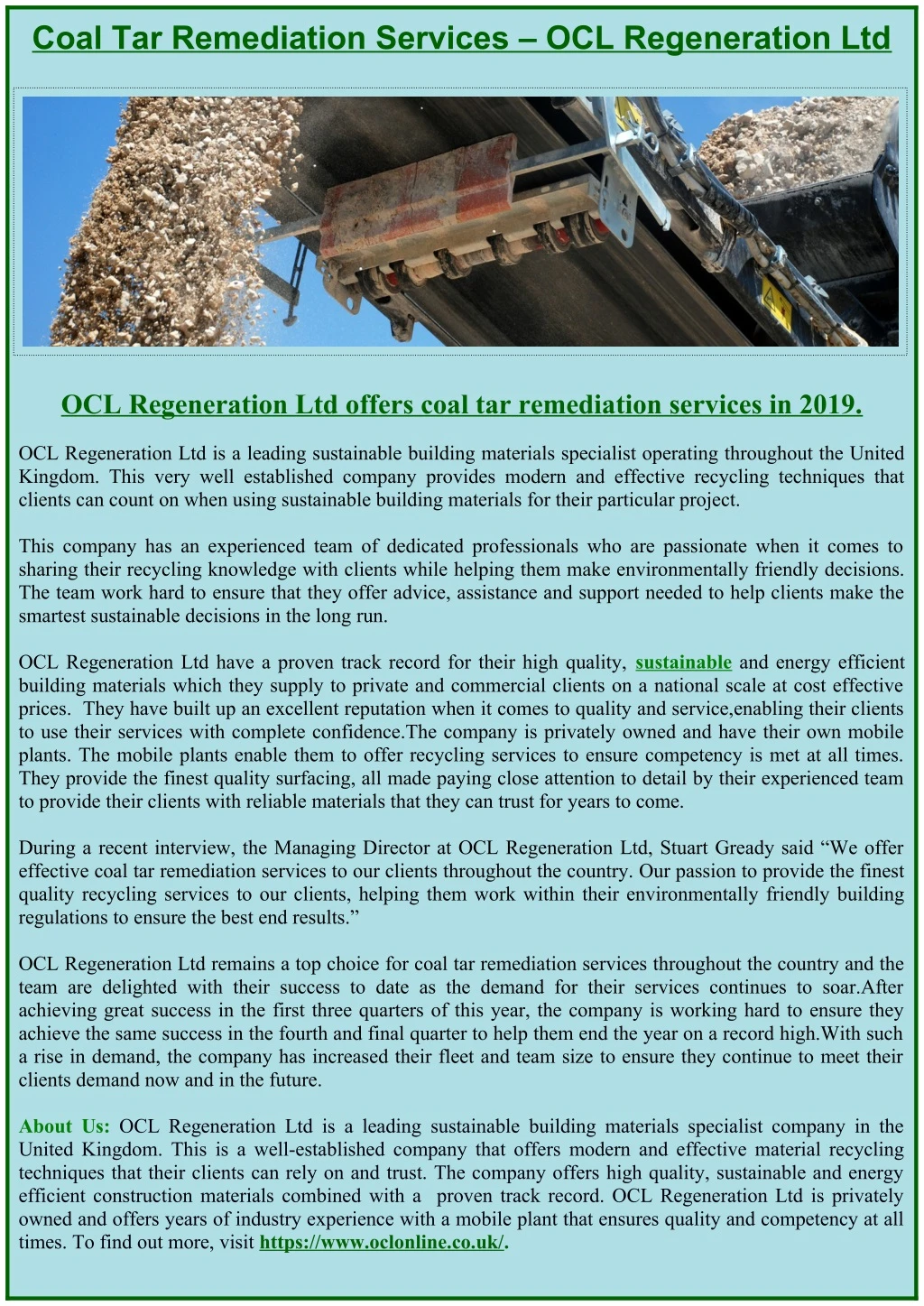 coal tar remediation services ocl regeneration ltd