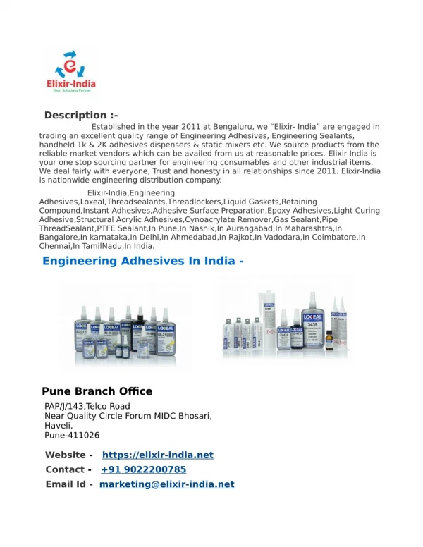 Elixir-India|Engineering Adhesives|Liquid Gaskets||Epoxy Adhesives|Cyanoacrylate Remover|Gas Sealant|Pipe ThreadSealant|