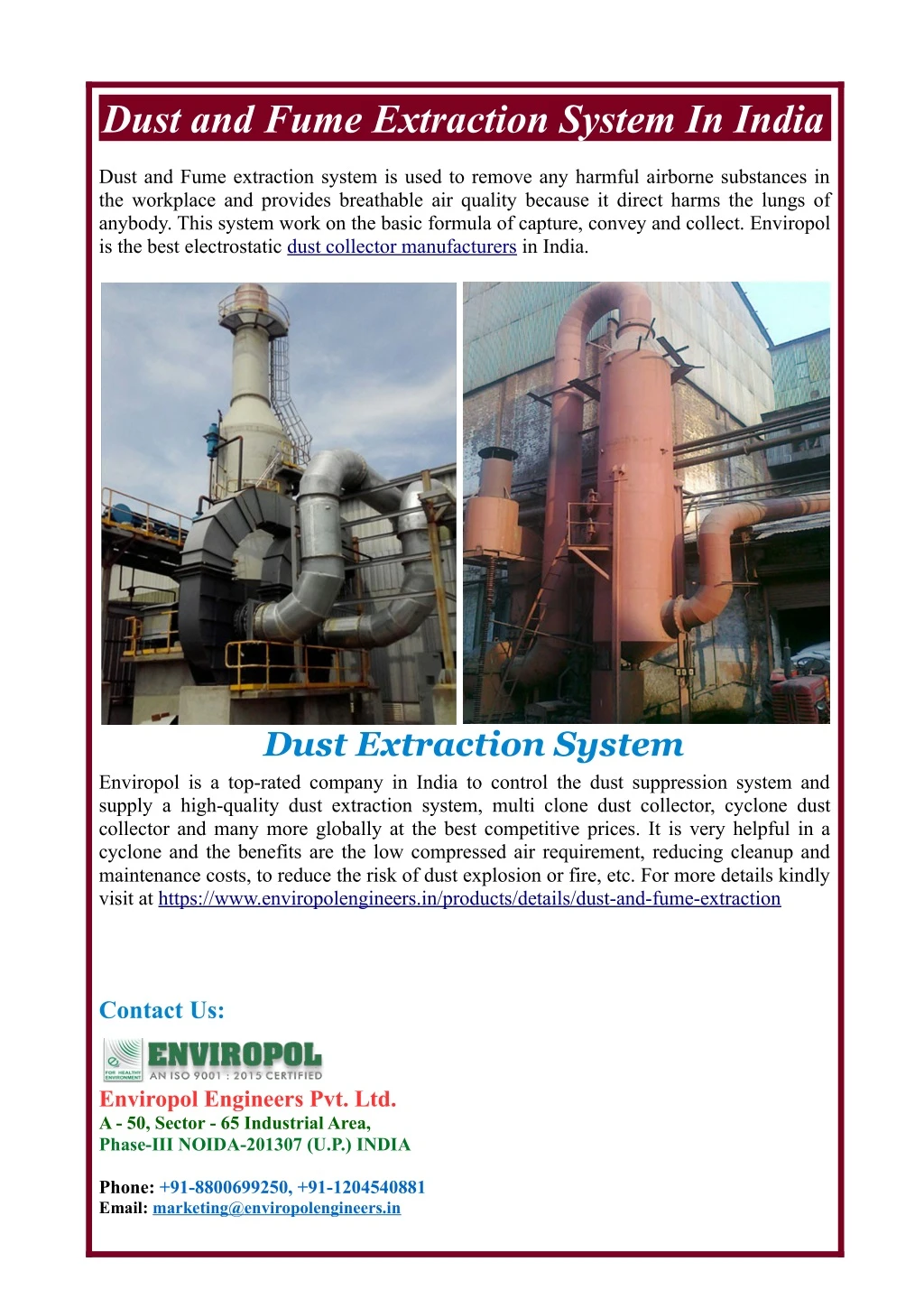 dust and fume extraction system in india