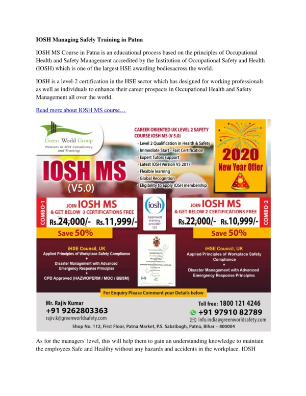 iosh managing safely training in patna