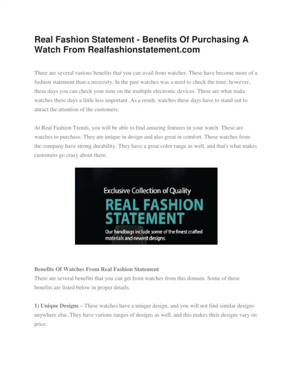 Real Fashion Statement - Benefits Of Purchasing A Watch From Realfashionstatement.com