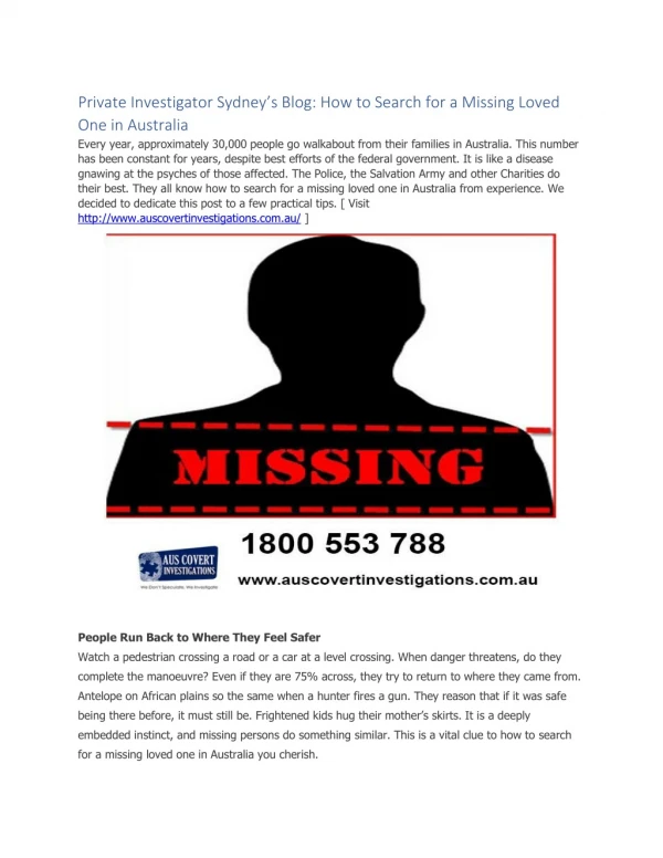 Private Investigator Sydney’s Blog: How to Search for a Missing Loved One in Australia