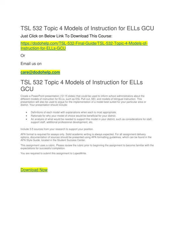 TSL 532 Topic 4 Models of Instruction for ELLs GCU