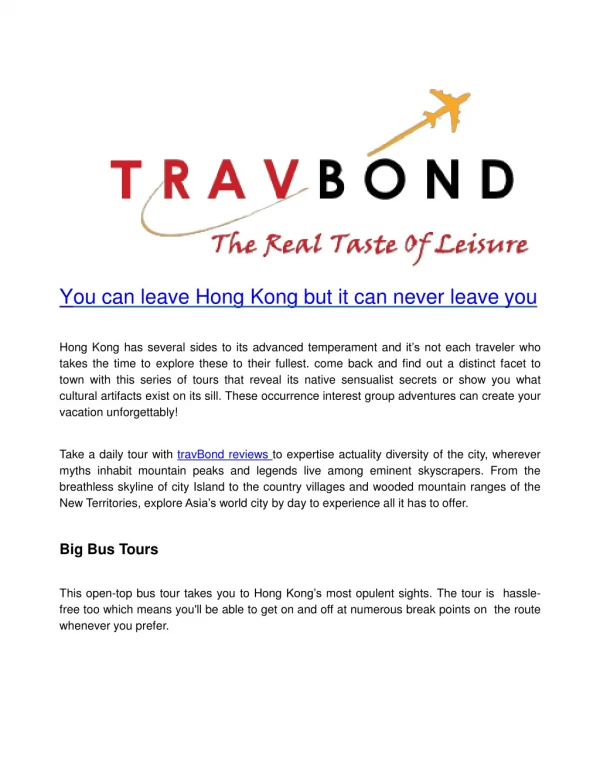TravBond Reviews Provides Best Holiday Tour Packages in Hong Kong