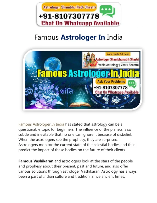 Famous Astrologer In India | Call Now  91-8107307778 | Astrologer Shambhu Nath