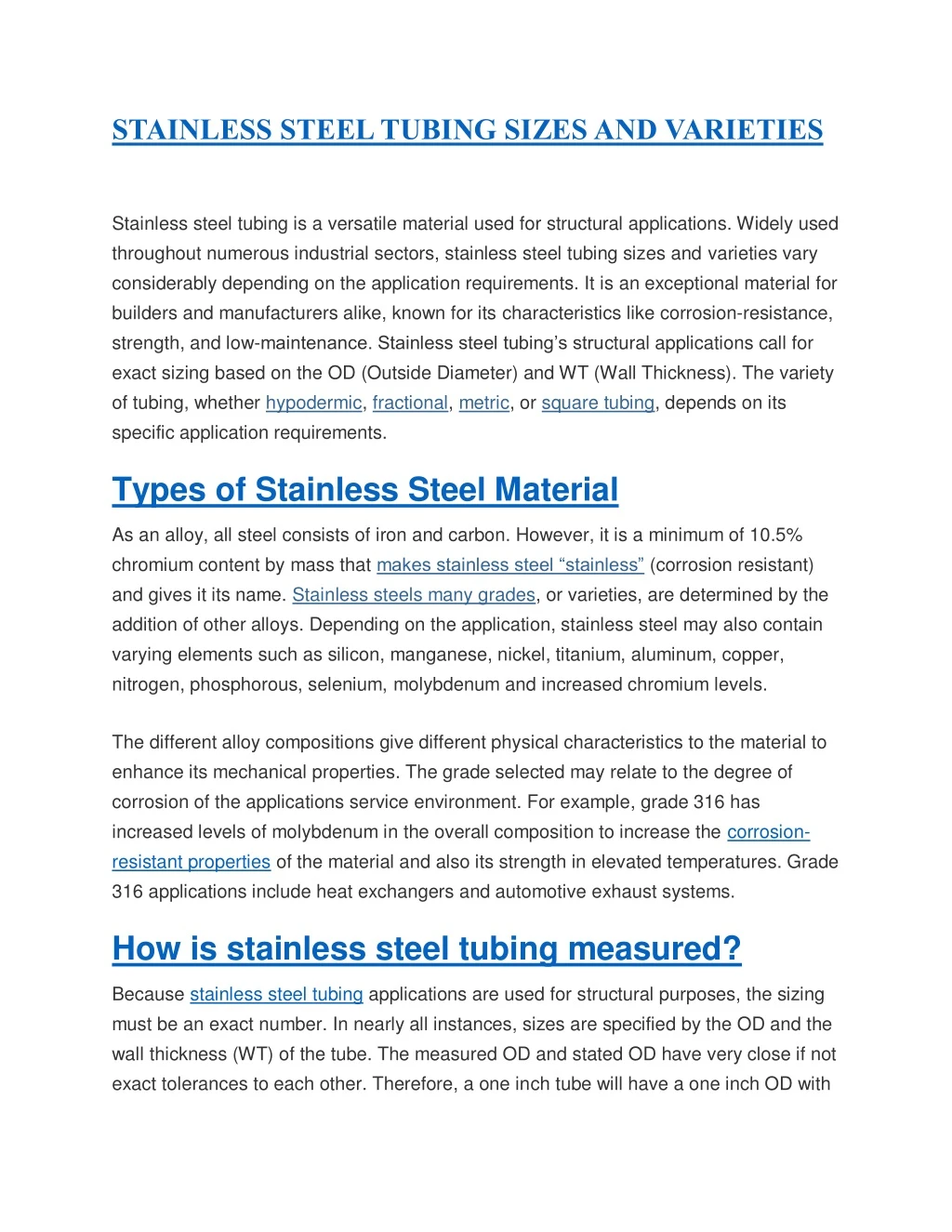 stainless steel tubing sizes and varieties