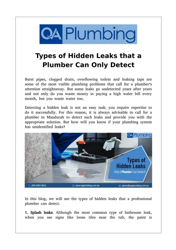 types of hidden leaks that a plumber can only