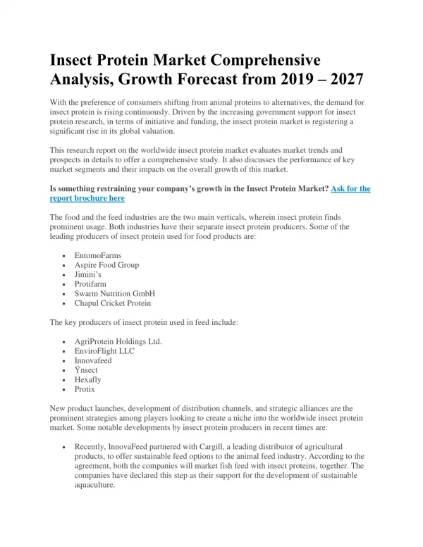 Insect Protein Market Comprehensive Analysis, Growth Forecast from 2019 – 2027