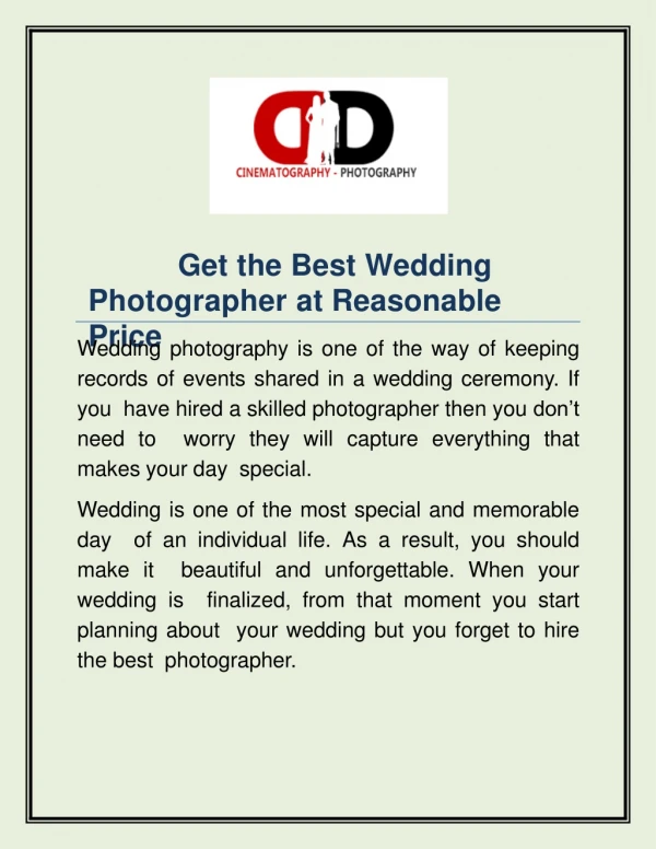 Get the Best Wedding Photographer at Reasonable Price