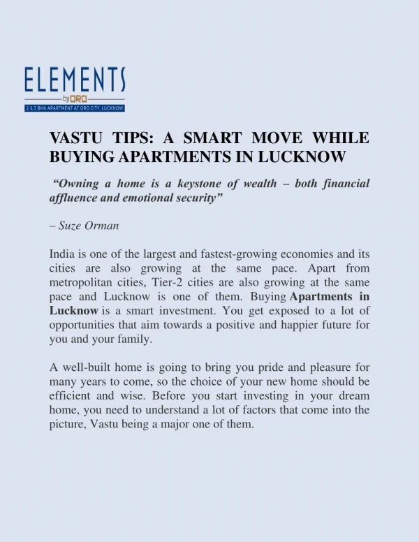 VASTU TIPS: A SMART MOVE WHILE BUYING APARTMENTS IN LUCKNOW