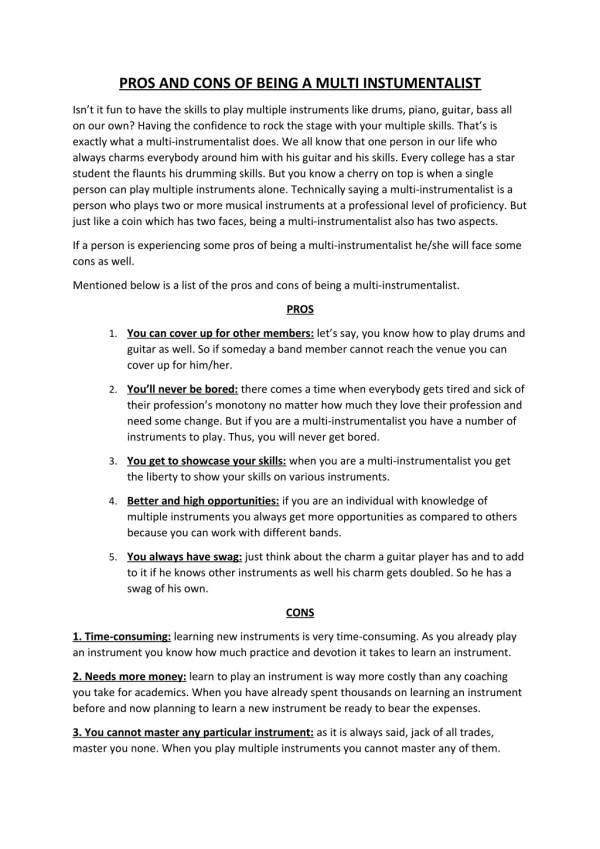 pros and cons of being a multi instumentalist