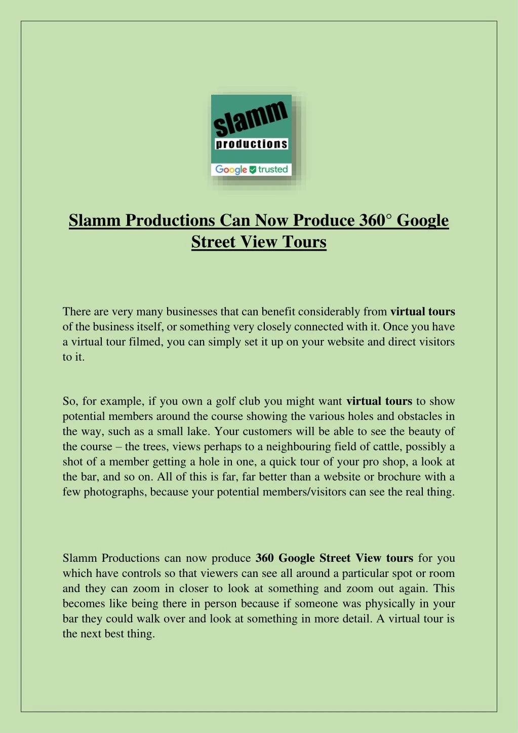 slamm productions can now produce 360 google