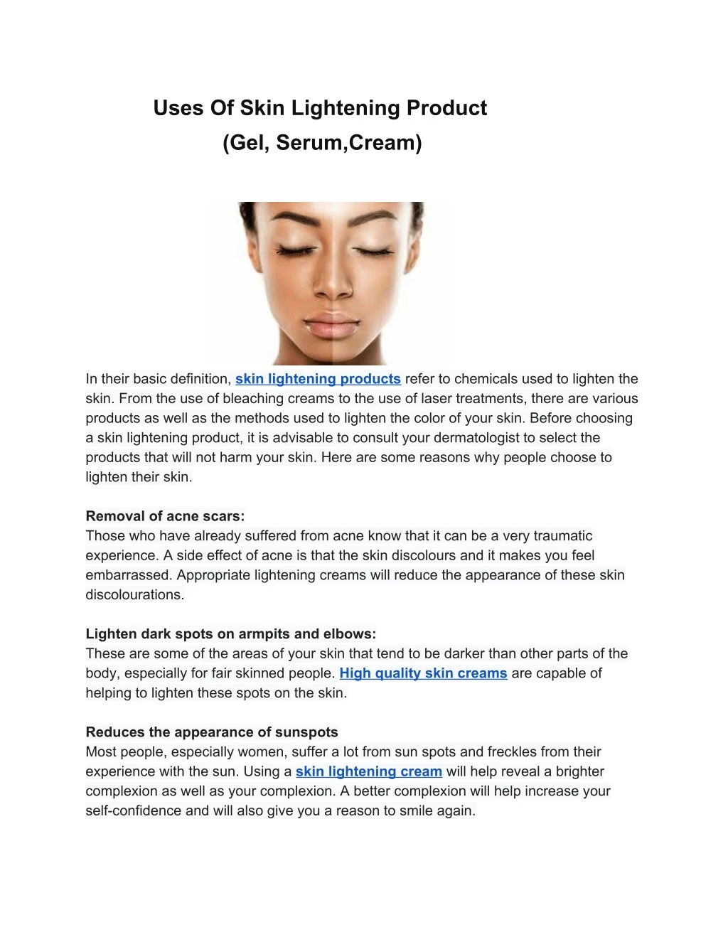 uses of skin lightening product gel serum cream
