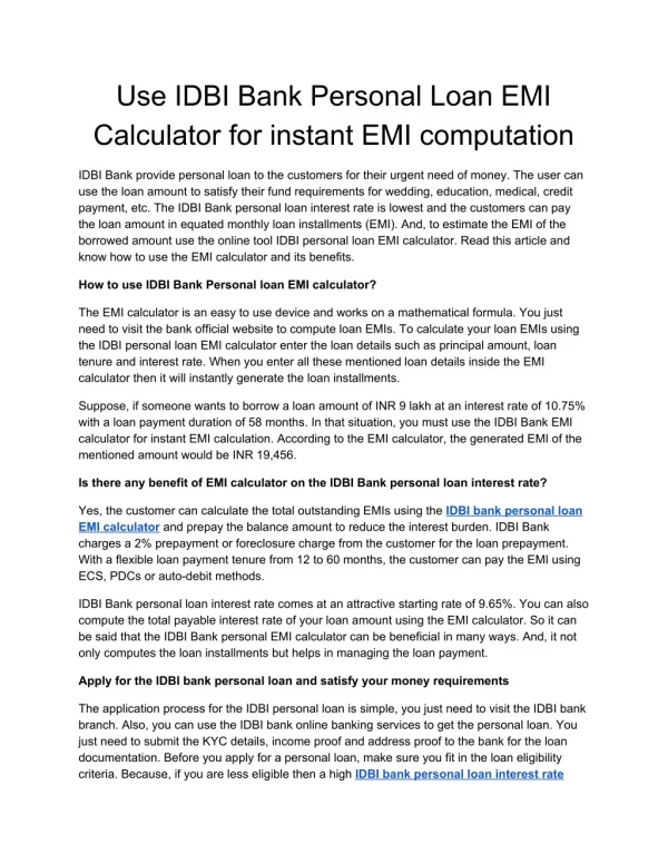 Use IDBI Bank Personal Loan EMI Calculator for instant EMI computation