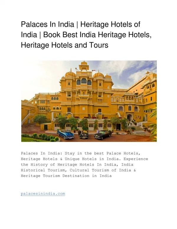 Palaces Hotels in India | Heritage Hotels in India | India Heritage Destination | Royal Heritage Palaces India  | Forts,