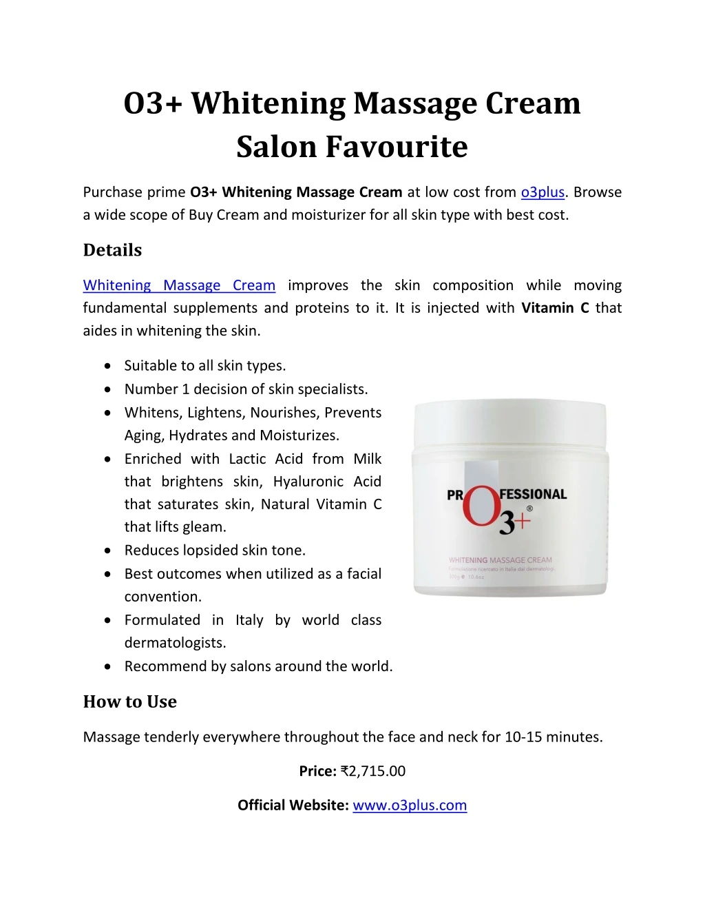 o3 whitening massage cream salon favourite