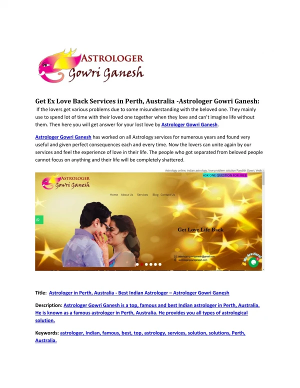 Get Ex Love Back Services in Perth, Australia -Astrologer Gowri Ganesh: