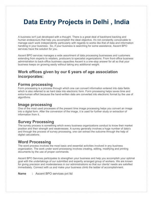 Data entry projects | Non Voice Data Entry Projects  - Ascent Bpo