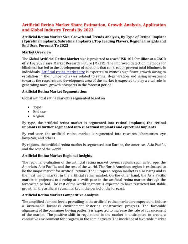 artificial retina market share estimation growth