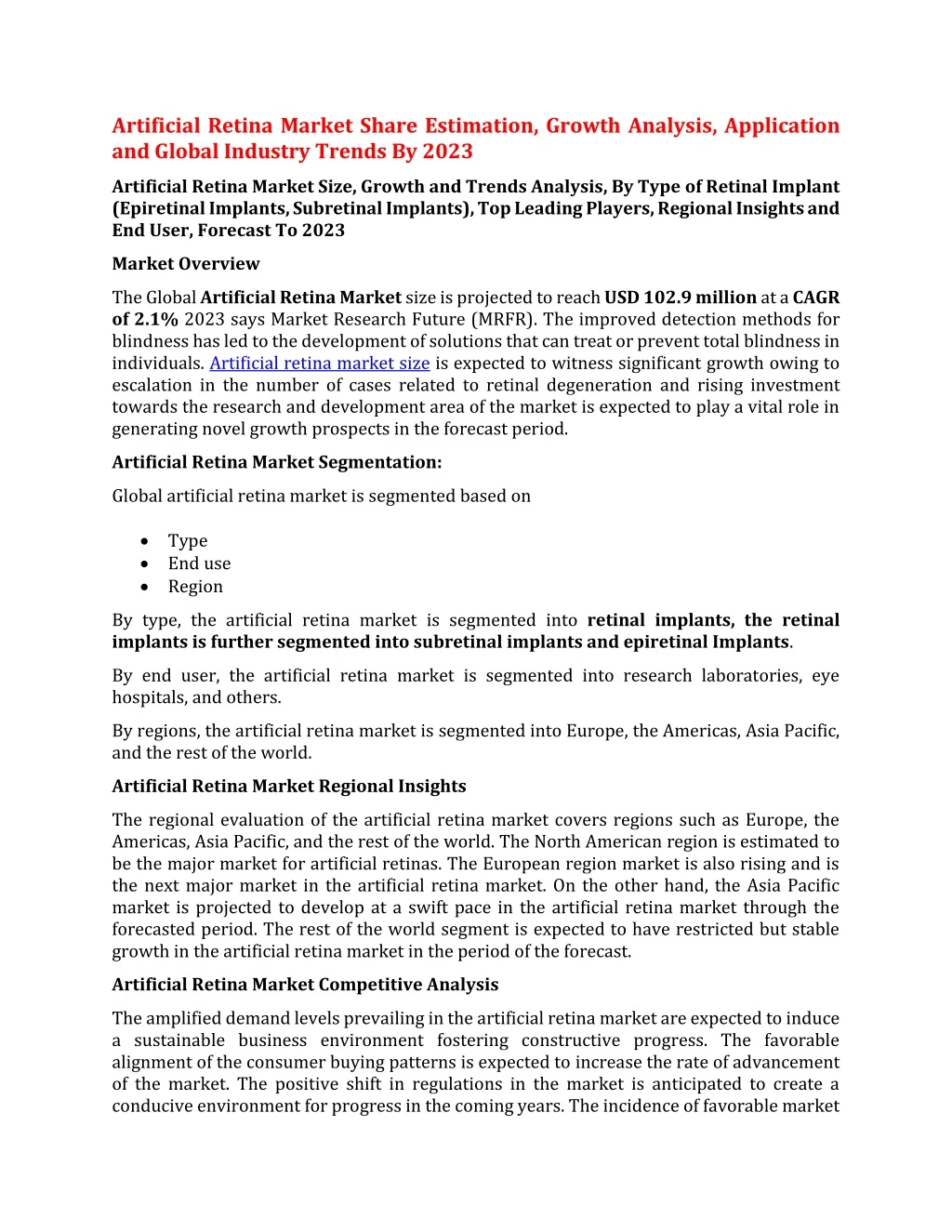 artificial retina market share estimation growth