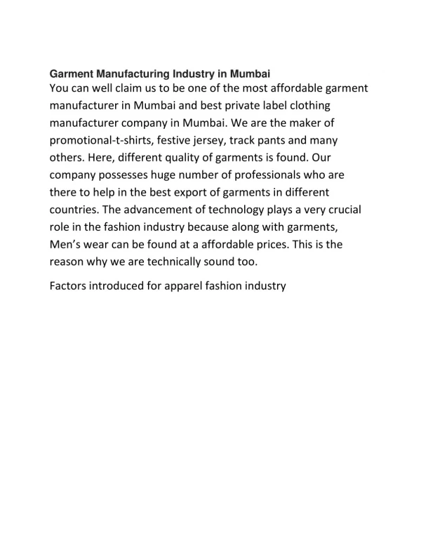 Garment Manufacturing Industry in Mumbai