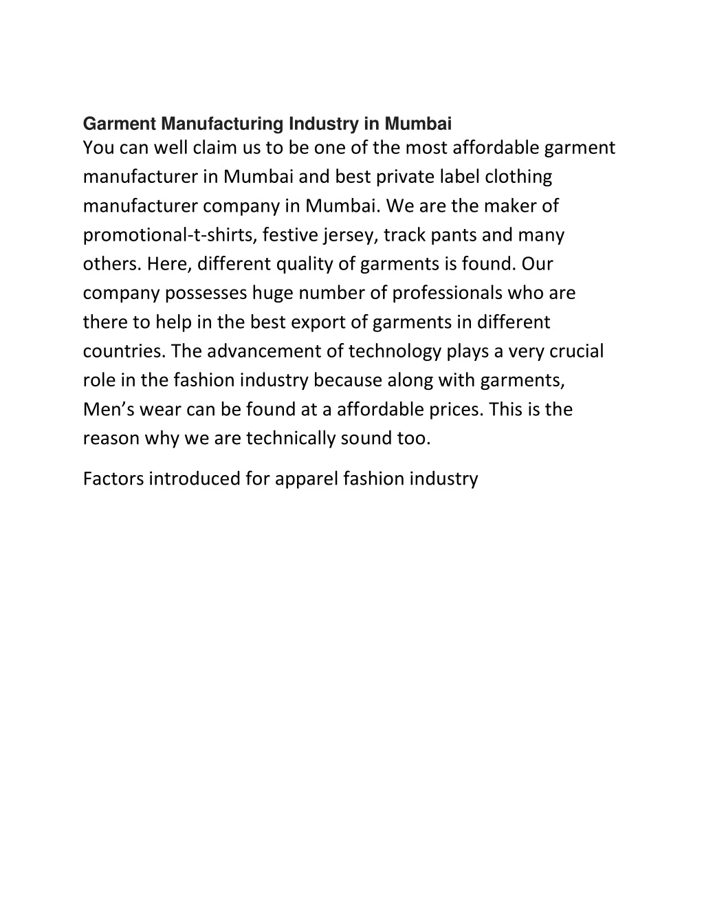 garment manufacturing industry in mumbai