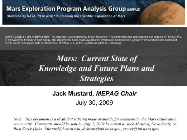 Mars: Current State of Knowledge and Future Plans and Strategies
