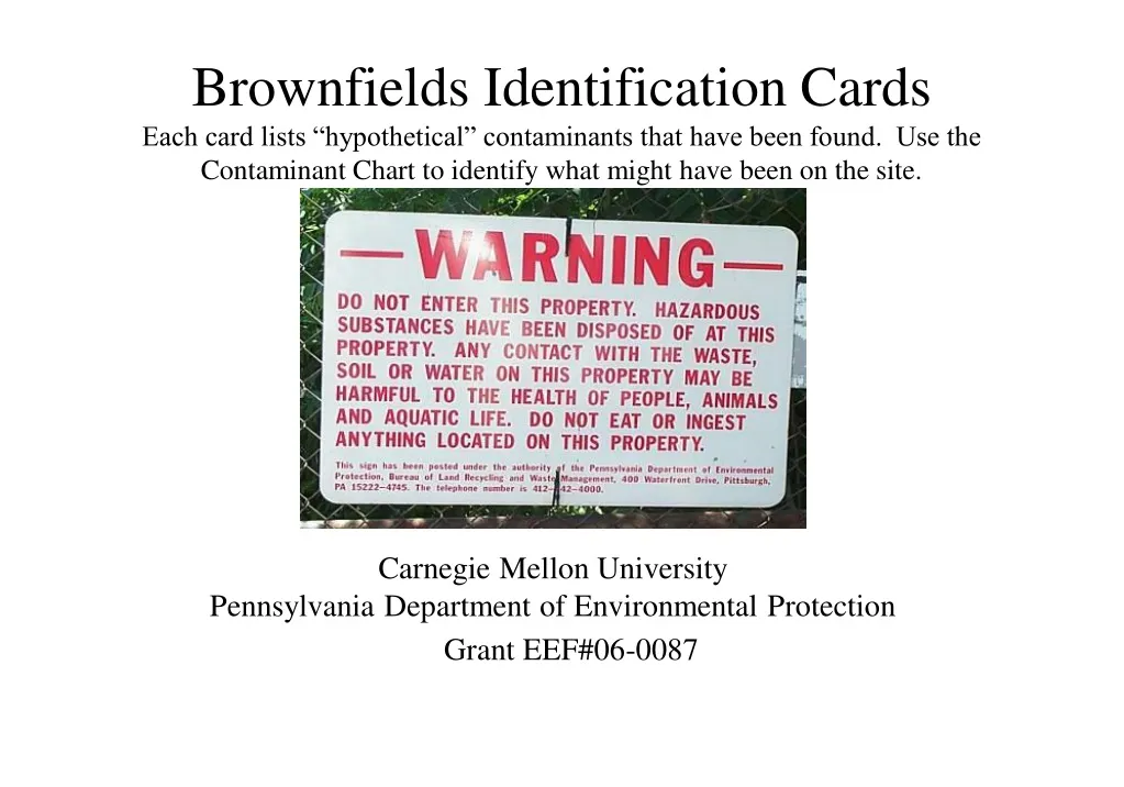 brownfields identification cards each card lists