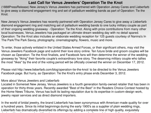Last Call for Venus Jewelers' Operation Tie the Knot