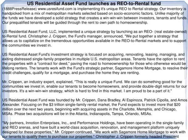 US Residential Asset Fund launches as REO-to-Rental fund