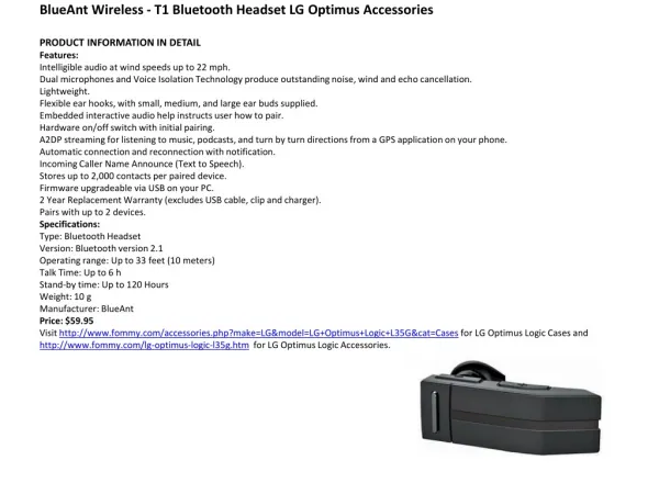 BlueAnt Wireless - T1 Bluetooth Headset LG Optimus Accessori