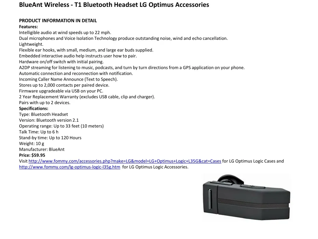 blueant wireless t1 bluetooth headset lg optimus