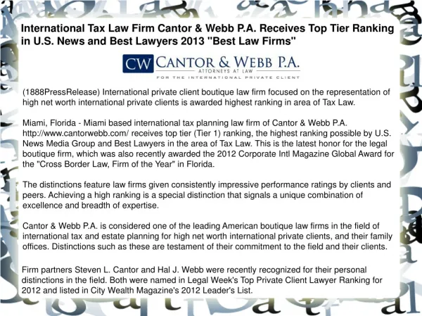 International Tax Law Firm Cantor & Webb P.A. Receives
