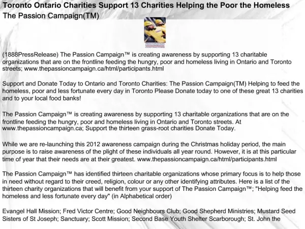 Toronto Ontario Charities Support 13 Charities Helping the P