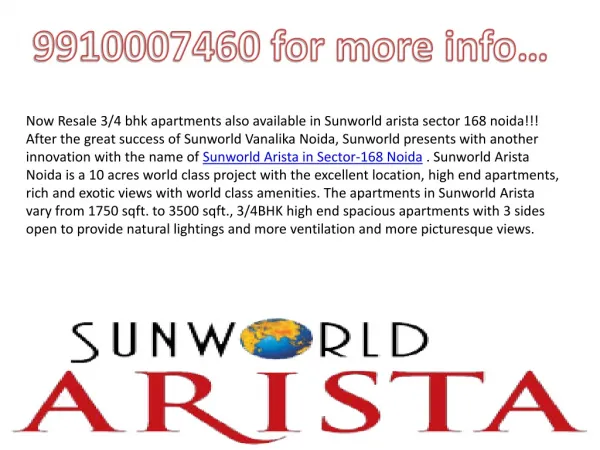 Sunworld Arista Resale,9910003520 Sunworld Arista Noida