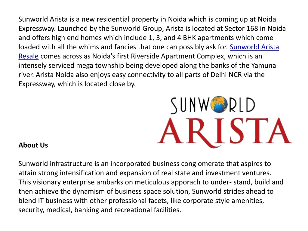 sunworld arista is a new residential property