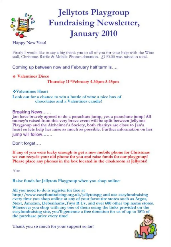 Jellytots Playgroup Fundraising Newsletter, January 2010